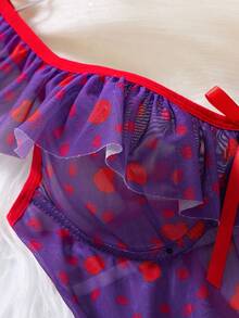 2pcs Women's Valentine's Day Nightgown, With Heart Print, Ruffle Trim, Bow Detail And Satin Splice - Easy Care Knit Shirt - Purple - View 5