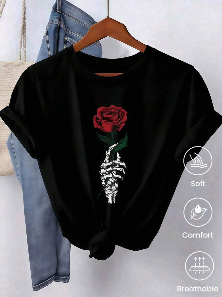 180g Made In Mexico, Spring/Summer 2026 Fashion Short Sleeve T-Shirt, Cartoon Print, Couple Style, Underwear/Outerwear, Casual Round Neck For Office, Unisex One Piece Top - 黑色 - 查看 1