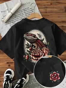 % Cotton [Double-Sided Print], Women's Casual Summer T-Shirt, Vintage Style, Lizard And Flower Print, Round Neck, Short Sleeve, Suitable For All Seasons, Can Be Worn As A Base Layer In Spring And Autumn Or Alone In Summer, Unisex Style,  Thick Cotton Cityboy Style T-Shirt. - 黑色 - 查看 12