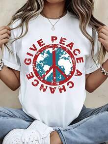 "Give Peace A Chance" T-Shirt With Earth Peace Symbol Print, Casual Sportswear - Urban Vintage Style, Unisex, Cotton, Short Sleeve, Round Neck, 100% Cotton. - 白色 - 查看 6