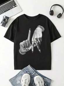 Camiseta% algodón con estampado de gestos retro rock estilo Y2K - Top casual holgado de manga corta para mujer, tela suave y no transparente, diseño retro en blanco y negro, adecuada para usar en fines de semana en todas las estaciones, moda urbana, material opaco apto para todas las estaciones, se puede usar como capa base en primavera y otoño o sola en verano, estilo unisex, top moderno de algodón pesado estilo cityboy. - Negro - Ver 2