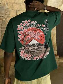 The Hottest Item Of The Summer: Men's Short-Sleeved Crew Neck T-Shirt With Embroidered Sakura And Mountain Print, Minimalist Summer Fashion. | Basic Casual Urban Style T-Shirt, Boyfriend Gift, Stylish, Popular, Party T-Shirt. - 綠色 - 查看 8