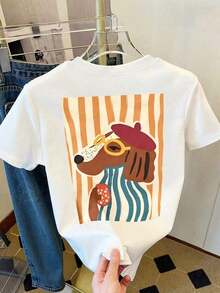 New Women's Summer Casual T-Shirt, Round Neck, Short Sleeve, Blue Letter And Shell Print, English Lettering, Versatile Casual Style, Ideal For Beach Holidays - Unisex Loose Cotton Short Sleeve Round Neck T-Shirt, Vintage Urban Style - 白色 12 - 查看 3