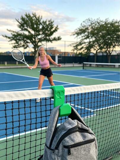 Móc treo túi tennis gắn hàng rào, dụng cụ thể thao di động, móc treo ba lô đa năng cho tennis/pickleball, móc bền chắc dùng trên sân, giữ túi sạch sẽ và ngăn nắp, phụ kiện tennis cần thiết cho người chơi, dễ lắp đặt và tái sử dụng. Dùng để sắp xếp đồ trong tủ quần áo, trang trí nhà cửa.