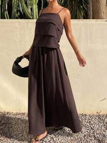 2 piezas Conjunto informal de mujer con top de tirantes con volantes y pantalones, conjunto de ropa de descanso para vacaciones - Marrón - Ver 5