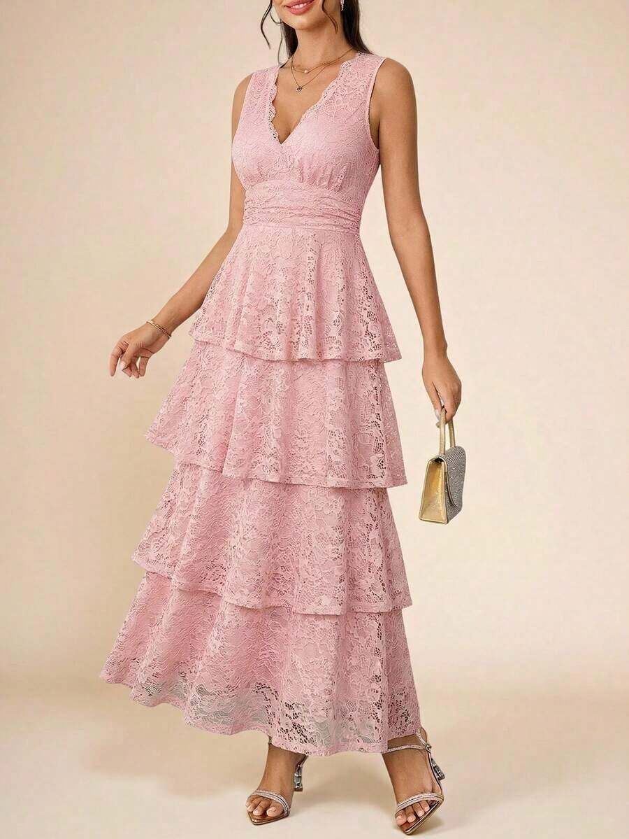 xheEllevyn Vestido de falda larga y elegante para mujer, vestido de diosa con cuello en V y cintura elástica, adecuado para banquetes y fiestas en otoño/invierno, color marrónxhe - Rosa - Ver 1