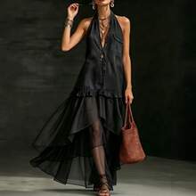Vintage Halter Neck Faux Denim Sleeveless Shirt Dress With Mesh Splicing And Irregular Hem For A Resort Look - Light Blue - View 4