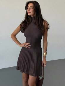 AYYAloruh Vestido de punto acanalado de línea A sin mangas con cuello mínimo para mujerAYY - Café integral 2 - Ver 4