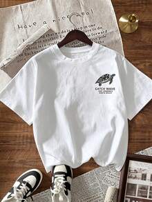 Camiseta de manga corta con estampado de letras de tortuga, estilo casual de verano - Blanco - Ver 2