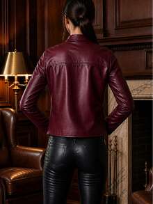 Women's Faux Leather High Neck Premium Winter Jacket, Elegant, Stylish, Cute, Casual, PU Leather, Zipper Jacket, Night, Vacation, Daily - 酒紅色 - 查看 2