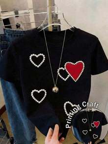 blusas para mujer, blusas casuales para dama, playeras de mujer, blusas casuales para dama  Women's Casual White Short Sleeve Round Neck T-shirt with Pearl and Red Heart Embellishments, Fashionable Polyester Stretch Fabric Top 7ISJ - Negro - Ver 12