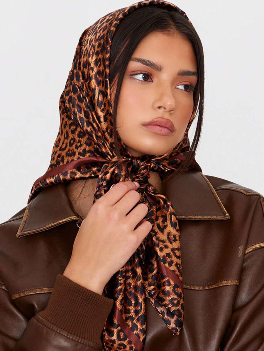 Women's Large Square Satin Scarf 90x90 Elegant Fashion Bandana For Hair And Neck - L36-marrom escuro - 查看 1