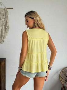 Chaleco holgado de mujer con cuello redondo y ribete de volantes en unicolor, adecuado para vacaciones, oficina, uso diario, estilo occidental, estilo bohemio, babydoll - Amarillo - Ver 2