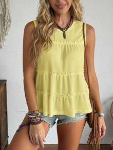 Chaleco holgado de mujer con cuello redondo y ribete de volantes en unicolor, adecuado para vacaciones, oficina, uso diario, estilo occidental, estilo bohemio, babydoll - Amarillo - Ver 6