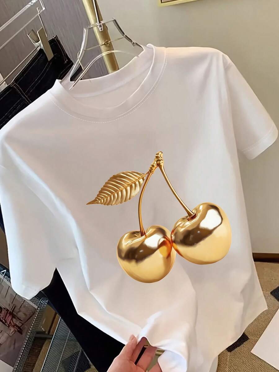 Women's Short-Sleeved T-Shirt With Cherry Print, Casual Top, Stylish And Versatile For Everyday Wear. | Comfortable And Soft Fabric | These Women's T-Shirts Are A Versatile Wardrobe Staple For Spring And Summer. - 白色 - 查看 1