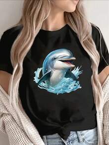 Women's T-Shirt With Dolphin Print, Suitable For The Beach Or For Casual Wear At Home, Lightweight And Durable, With A Vibrant Ocean Design, Perfect For Summer Activities Or For Relaxing On A Daily Basis. - 黑色 - 查看 1