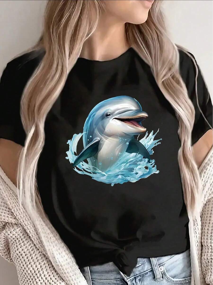 Women's T-Shirt With Dolphin Print, Suitable For The Beach Or For Casual Wear At Home, Lightweight And Durable, With A Vibrant Ocean Design, Perfect For Summer Activities Or For Relaxing On A Daily Basis. - 黑色 - 查看 1