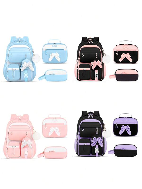 3pcs Bow Decor Backpack Set (Bow Is Detachable, Pom Pom Pendant And Hanging Bag Can Be Freely Matched), 4 Colors Available. Dual-Zipper Closure, Multi-Compartment Design, With Luggage Strap. Suitable For School, Commuting, Travel