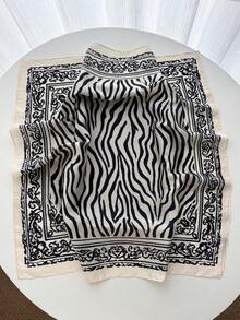 1件奢華品牌豹紋正方形絲綢質感女款休閒百搭裝飾小方巾 - 黑與白 - 查看 2
