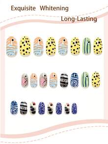 24pcs Romantic Oval Cartoon Cute Fish Polka Dot Striped Pattern Full Coverage Press-On Nails For Women And Girls, Party Office Daily Wear, Set Includes 1 Sheet Of Nail Stickers And 1 Mini Nail File, Random Color, Suitable For Summer - Multicolor - View 3