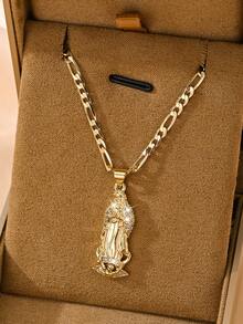 1pc Classic European & American Copper Inlaid Zirconia Small Vintage Gold-Tone 3D Guadalupe Virgin Mary Pendant Necklace, Suitable For Christmas/Thanksgiving/Halloween/Mother's/Valentine's Day Gifts, Catholic First Communion, Daily & Holiday Wear, Prayer - Yellow Gold - View 1