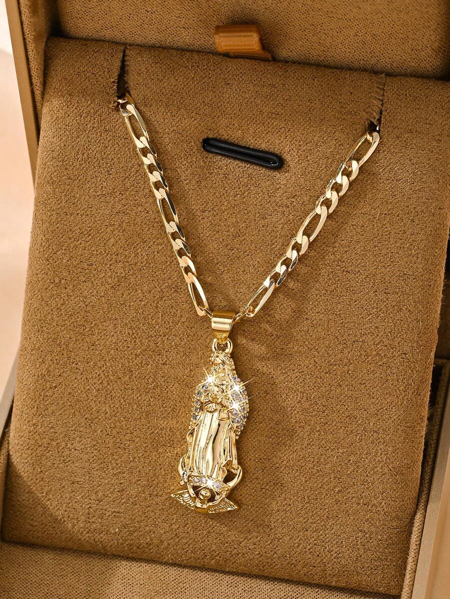 1pc Classic European & American Copper Inlaid Zirconia Small Vintage Gold-Tone 3D Guadalupe Virgin Mary Pendant Necklace, Suitable For Christmas/Thanksgiving/Halloween/Mother's/Valentine's Day Gifts, Catholic First Communion, Daily & Holiday Wear, Prayer - Yellow Gold - View 1