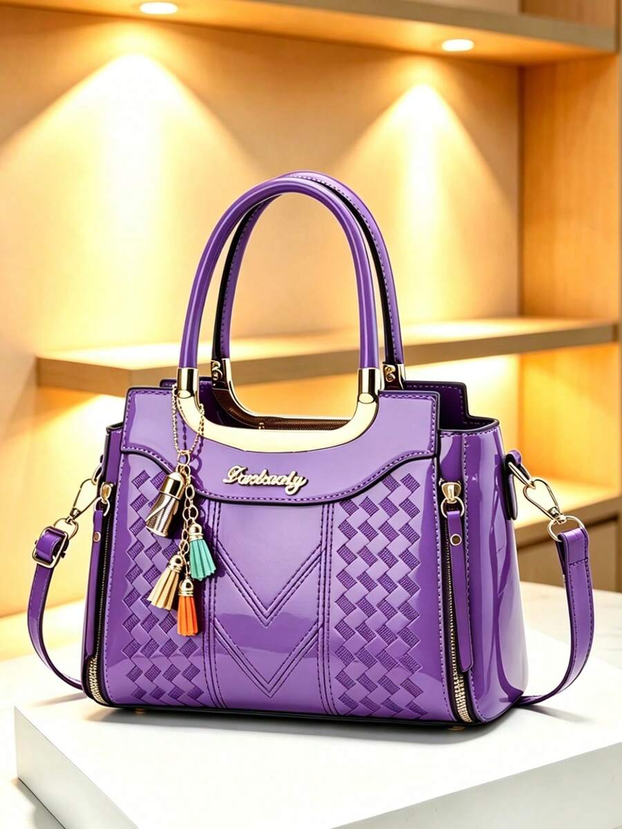 Bolso de mano de mujer de cuero patentado morado con asa superior, bolso cruzado con patrón trenzado y adorno de borla colorida y correa desmontable - Morado - Ver 1
