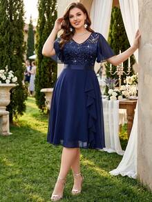 Plus V-Neck Sequin Floral Lace Contrast Chiffon Butterfly Sleeve Ruffle Hem Evening Party Swing Dress,Wedding Dress,For Birthday,Graduation,Date - Navy Blue - View 1