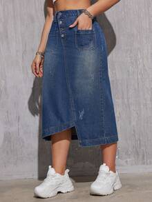 Women's Fashionable Asymmetrical Denim Skirt, Knee-Length Casual Spring - Medium Wash - View 3