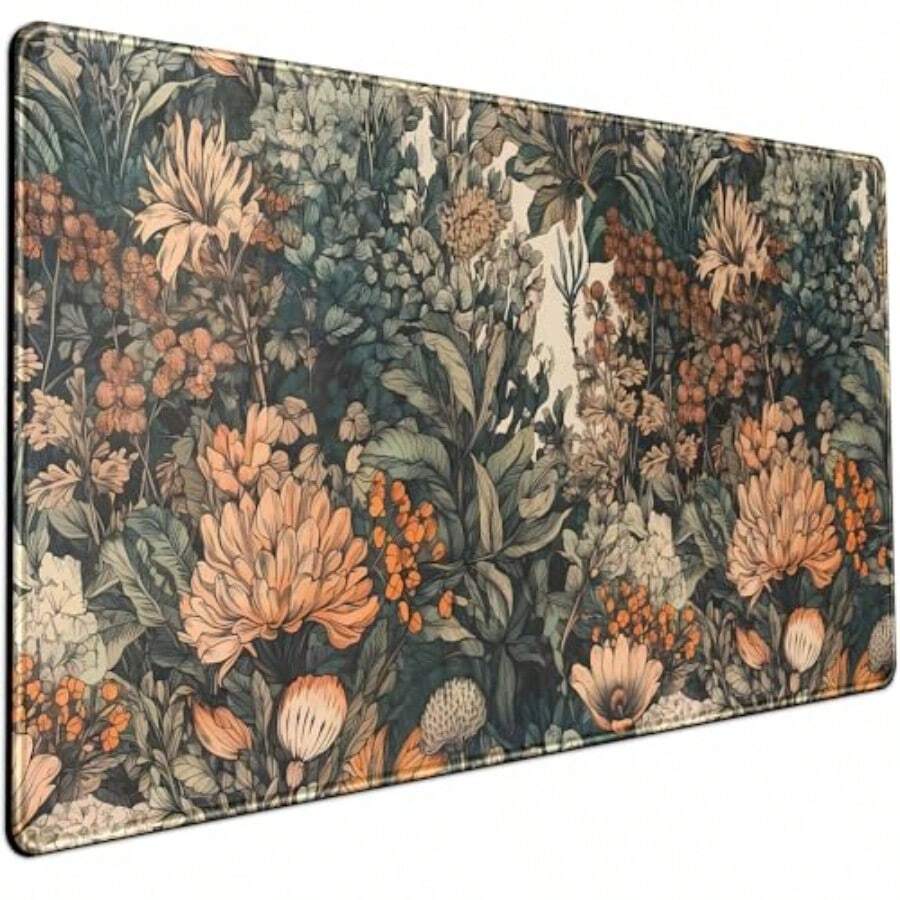 Tapete de computadora estético bohemio de flores silvestres grande, alfombrilla de mouse para juegos, tapete para teclado XXL, accesorios de computadora de oficina para mujeres, con bordes cosidos - Plantas oscuras estéticas - Ver 1