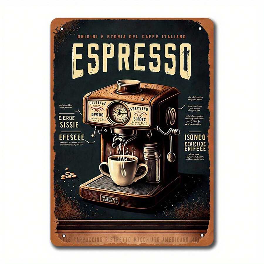 1 buah Hiasan Dinding Cetak Seni Kopi Logam Vintage - 20,32x30,48cm Desain Mesin Espresso Rustic dengan Teks Italia, Tanda Logam Tahan Lama Cocok untuk Dapur, Kafe, Kantor - Hadiah Sempurna untuk Pecinta Kopi, Lubang Pra-Bor Seperti yang Ditunjukkan pada Bagan Ukuran - Beraneka warna - View 1