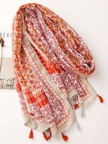 1pc Sunscreen Shawl Scarf, Vintage Floral Pattern Scarf, For Travel To Lijiang - Pink Orange - View 2