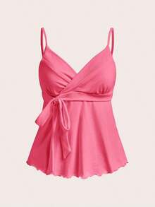 Camiseta de tirantes casual y versátil con estampado de lunares y detalle de nudo para mujer - Rosa Fucsia - Ver 4