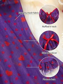 2pcs Women's Valentine's Day Nightgown, With Heart Print, Ruffle Trim, Bow Detail And Satin Splice - Easy Care Knit Shirt - Purple - View 7