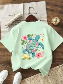 Tween Girl-Vacation Style Printed T-Shirt, Suitable For Travel And Vacation Wear, Fashionable Spring/Summer Casual Versatile Top - Mint Green - View 5