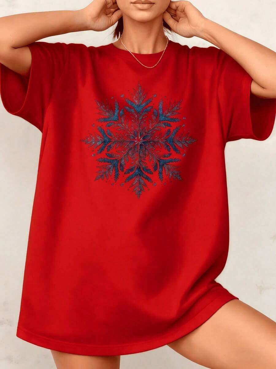 Women's T-Shirts With Snowflake Graphic Print, Casual Short-Sleeve Winter-Inspired Tees And 100% Fashionable T-Shirts For Spring And Summer, A Great Valentine's Day Gift, Valentine's Day Sets For Women, A Mardi Gras Gift, Casual Blouses For Ladies. - 紅色 - 查看 1