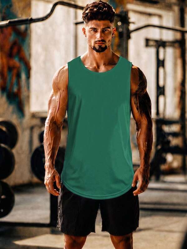 Áo tank top không tay cổ tròn dành cho nam, màu trơn, thích hợp tập gym, chạy bộ, thể thao thường ngày.