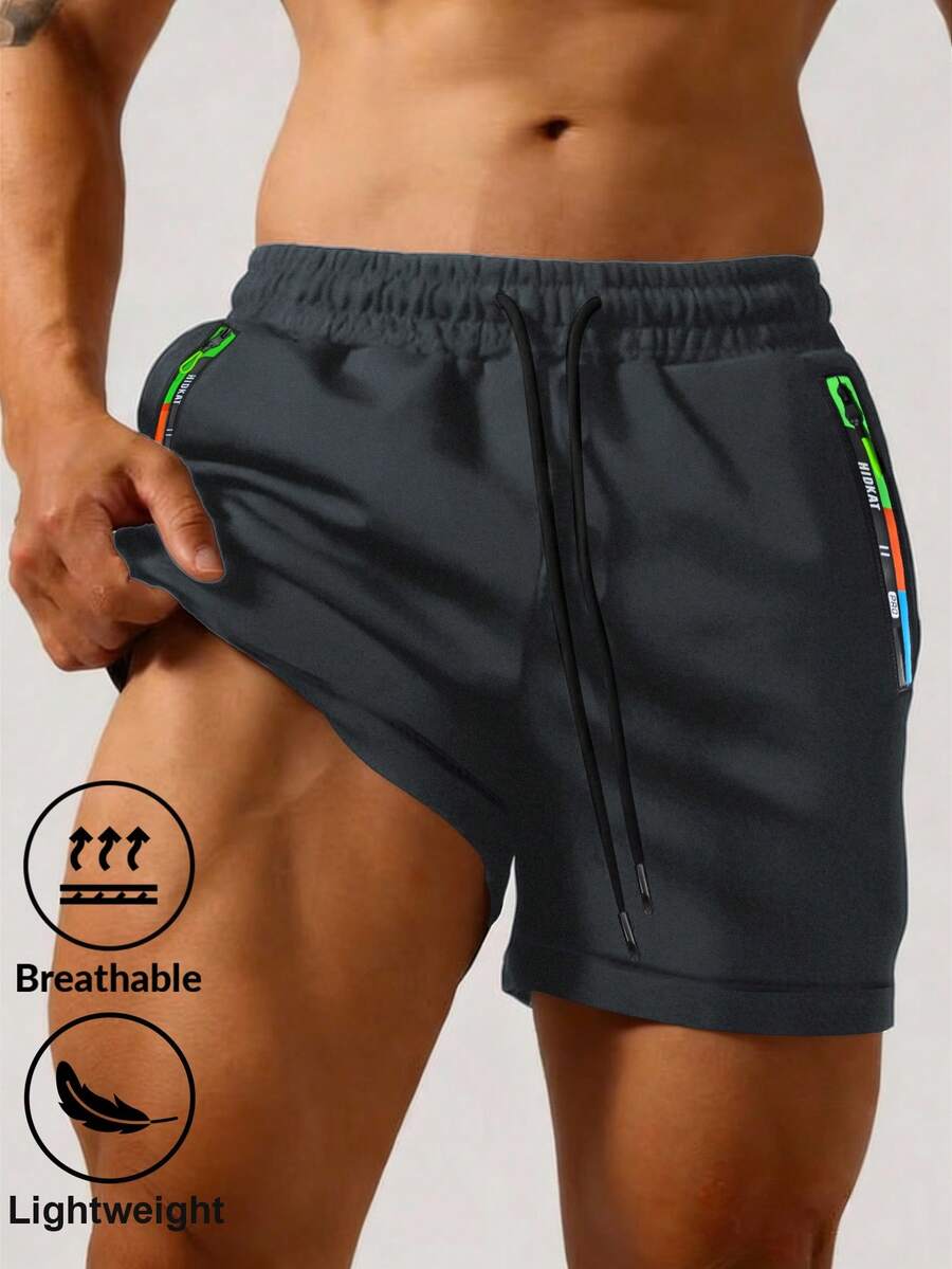 Men's Black Casual Sports Shorts With Side Color Contrast, Zipper Pockets, Drawstring Waist, Summer
