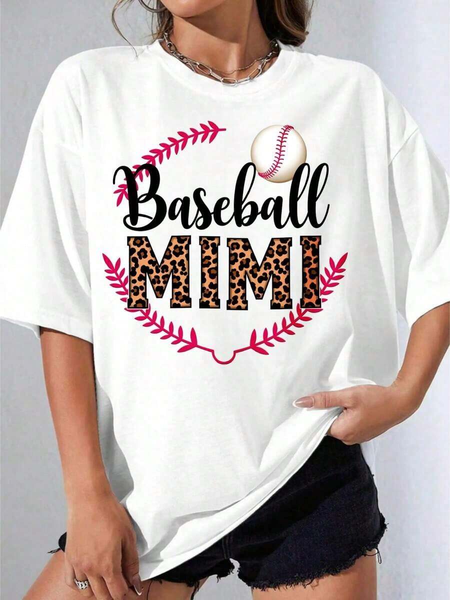 Girls' Black And White T-Shirt, Mimi Baseball T-Shirt With White Leopard Print And Baseball Design For Casual Wear And Sporting Events, Outdoor Parties, Casual Printed T-Shirt - 白色 - 查看 1