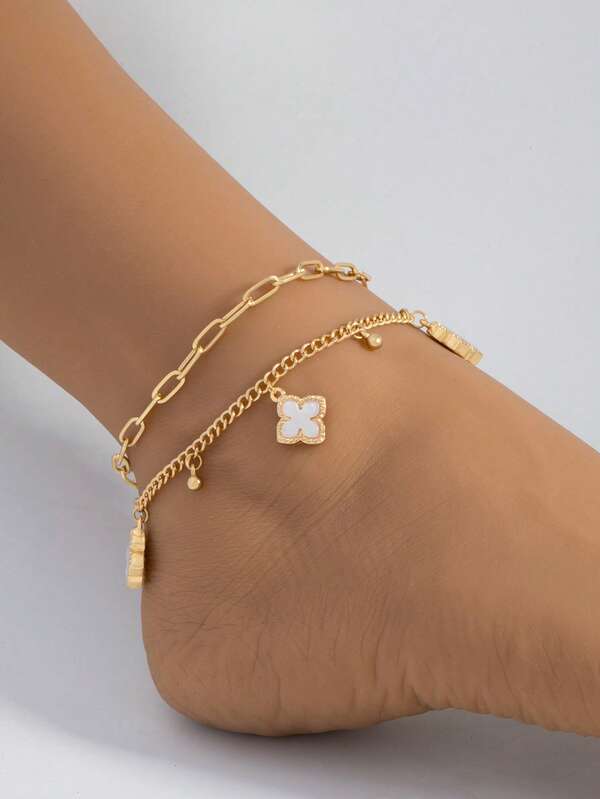 1pc Double-Layer Chain White Four-Leaf Clover Pendant Layered Necklace, New Fashion Five-Leaf Flower Anklet