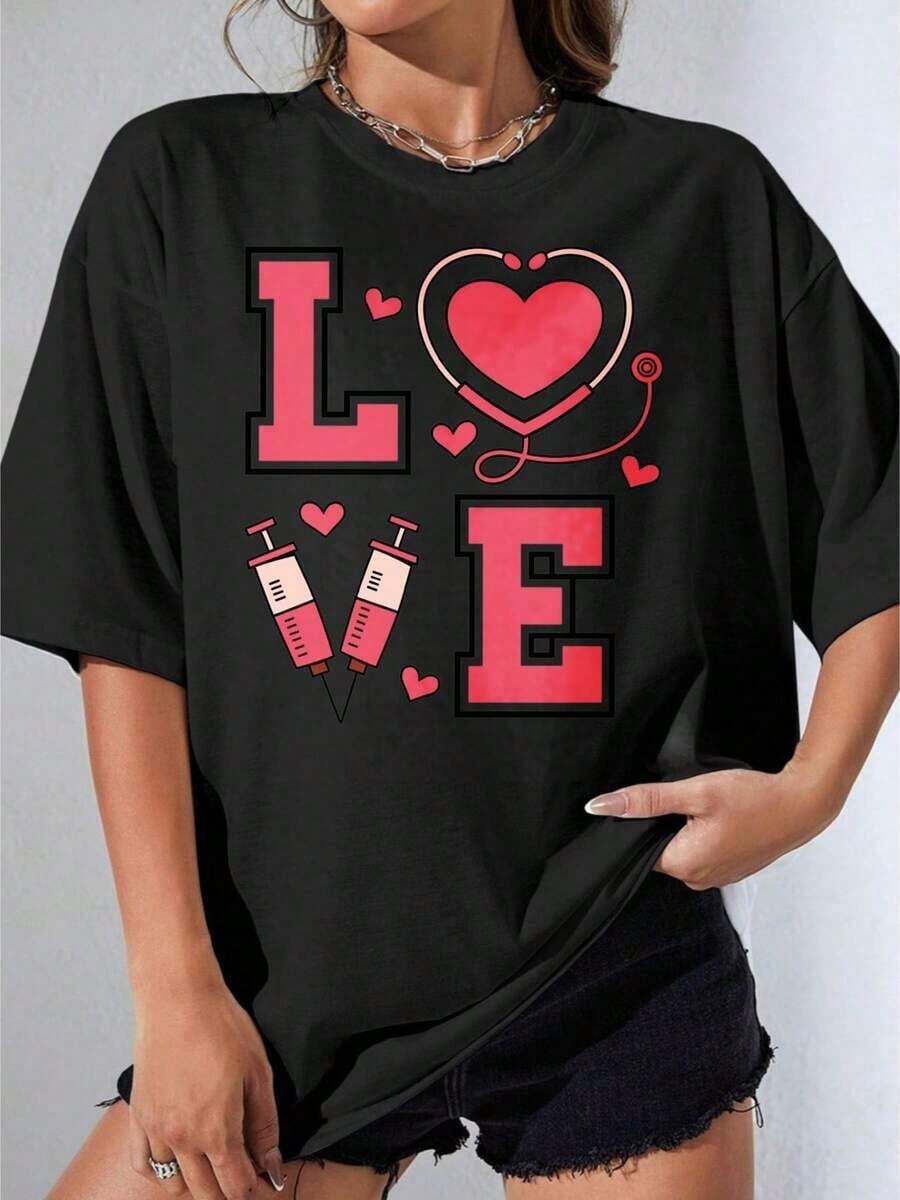 Black And White T-Shirt For Girls, Plus Size White T-Shirt With Heart Print, Stethoscope, And Syringe For Casual Wear And Medical-Themed Outfits, Printed T-Shirt For Outdoor Parties, Casual - 黑色 - 查看 1