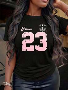 1 Piece Custom Round Neck T-Shirt With Interesting Princess Print 23, Pink Number, Black, For Women, Casual Style, Sporty, Graphic T-Shirt, Ideal For Gifts, 180g 100% Cotton. - 黑色 - 查看 1