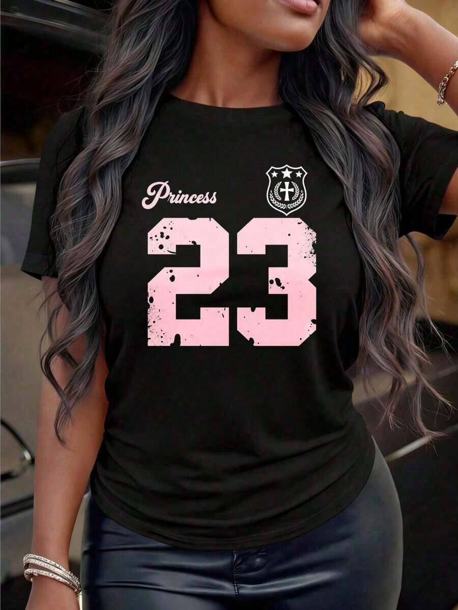 1 Piece Custom Round Neck T-Shirt With Interesting Princess Print 23, Pink Number, Black, For Women, Casual Style, Sporty, Graphic T-Shirt, Ideal For Gifts, 180g 100% Cotton. - 黑色 - 查看 1