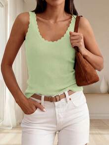 Womens Summer Sleeveless Tank Tops V Neck Ruffle Lightweight Ribbed Knit Shirt Casual Going Out Top - 淺綠 - 查看 2