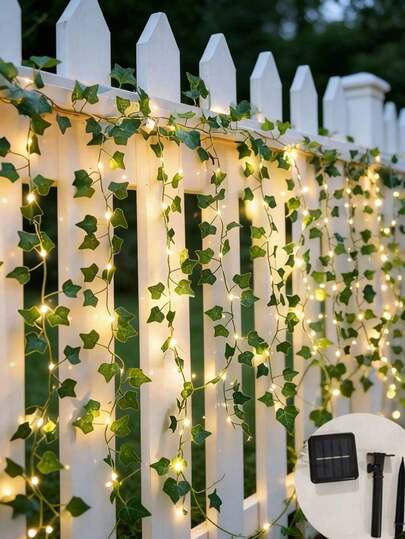1pc 10m/32.8ft 100LED Solar Powered Artificial Ivy Leaf String Lights, Solar Ivy Leaf String Lights 100/50/20LED, 8 Lighting Modes, Light Sensor Auto On/Off, 8 Hours Solar Charging, Natural Bohemian Style, Green Ivy Pattern