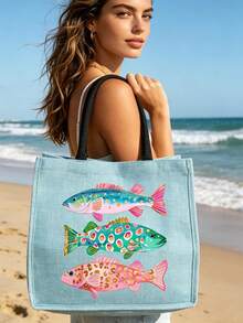 Colorful Fish Pattern Canvas Tote Bag And Wristlet Pouch Set, Reusable Beach Tote Bag With Matching Cosmetic Bag, Ocean Theme Fish Pattern Tote Bag With Black Handle - Multicolor - View 8