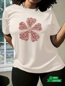 1 Women's T-Shirt With Round Neck, Letter And Anime Print, Simple Design, Comfortable And Breathable, Versatile For Daily Wear, Suitable For Sports And Leisure, Refreshing For Summer, A Must-Have For Parties, Local Shipping, Five-Petal Flower With Pearls, 180g, 100% Cotton. - 白色 - 查看 10