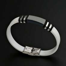 1 pièce Bracelet manchette élégant en acier inoxydable et silicone, lisse, convient pour le port quotidien des hommes - Noir et Blanc - Voir 4