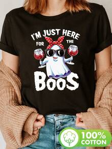 Women's Halloween T-Shirt With "I'm Just Here For The Boos" Print - 100% Cotton, Casual, Short Sleeve, Crew Neck, With Fun Cartoon Design, Machine Washable, For Summer, Spring And Year-Round Wear, Halloween Clothing, Festive Garment, Funny Graphic T-Shirt, Comfortable Fit - 黑色 - 查看 1