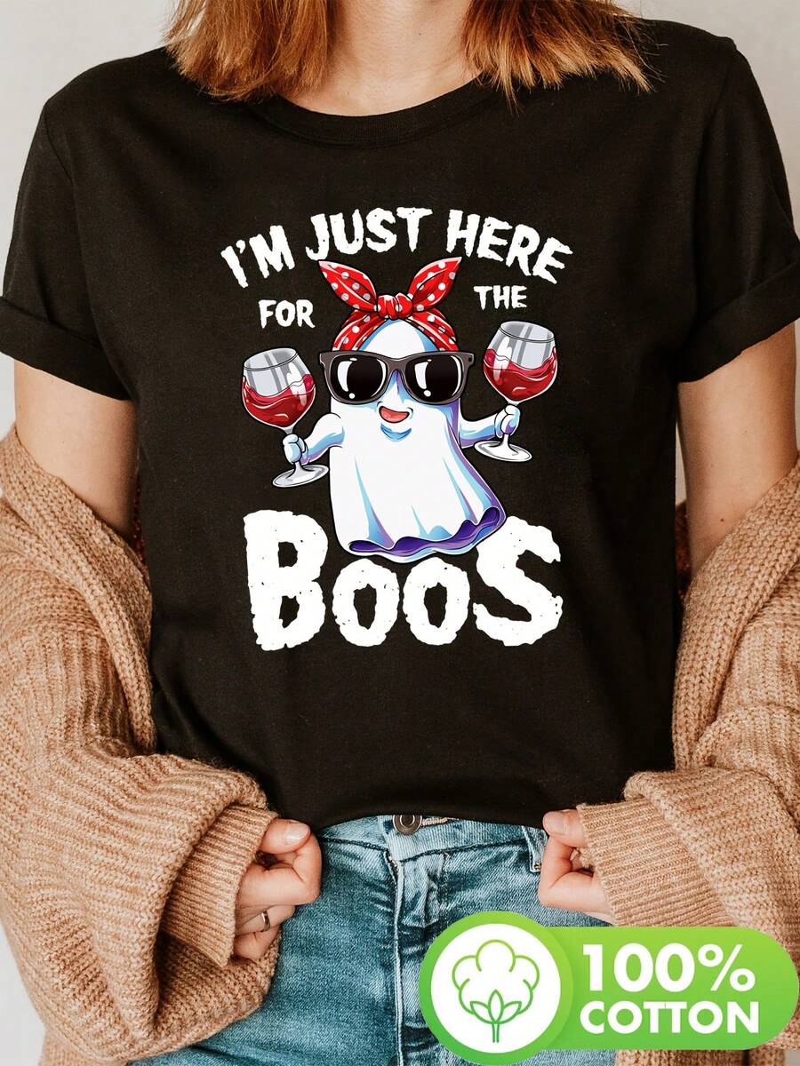 Women's Halloween T-Shirt With "I'm Just Here For The Boos" Print - 100% Cotton, Casual, Short Sleeve, Crew Neck, With Fun Cartoon Design, Machine Washable, For Summer, Spring And Year-Round Wear, Halloween Clothing, Festive Garment, Funny Graphic T-Shirt, Comfortable Fit - 黑色 - 查看 1
